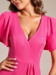 Glitter High-Low Front Side Slit Ruffled V-Neck Evening Dress – Hot Pink