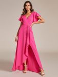 Glitter High-Low Front Side Slit Ruffled V-Neck Evening Dress – Hot Pink