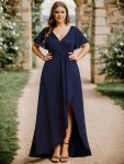 Glitter High-Low Front Side Slit Ruffled V-Neck Evening Dress – Navy Blue