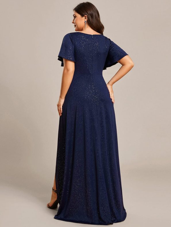 Plus Size Glitter Ruffled High-Low Front Slit Evening Dress - Navy Blue