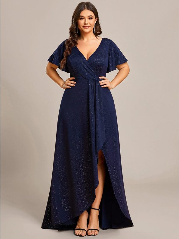 Plus Size Glitter Ruffled High-Low Front Slit Evening Dress - Navy Blue