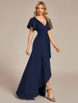 Glitter High-Low Front Side Slit Ruffled V-Neck Evening Dress – Navy Blue