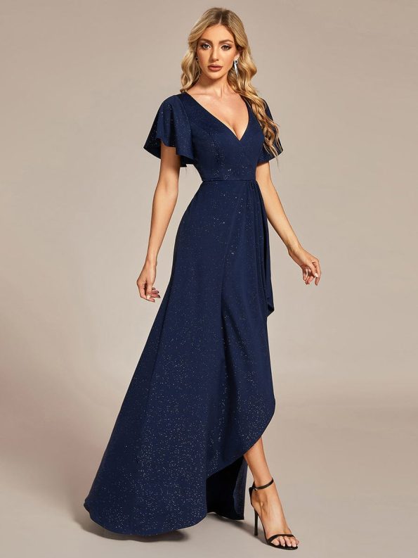 Glitter High-Low Front Side Slit Ruffled V-Neck Evening Dress - Navy Blue