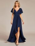 Glitter High-Low Front Side Slit Ruffled V-Neck Evening Dress – Navy Blue