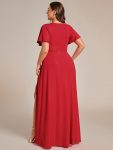 Glitter High-Low Front Side Slit Ruffled V-Neck Evening Dress – Red