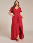 Glitter High-Low Front Side Slit Ruffled V-Neck Evening Dress – Red