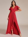 Glitter High-Low Front Side Slit Ruffled V-Neck Evening Dress – Red