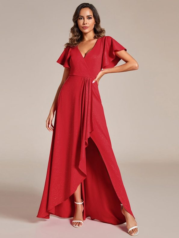 Glitter High-Low Front Side Slit Ruffled V-Neck Evening Dress - Red