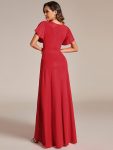 Glitter High-Low Front Side Slit Ruffled V-Neck Evening Dress – Red