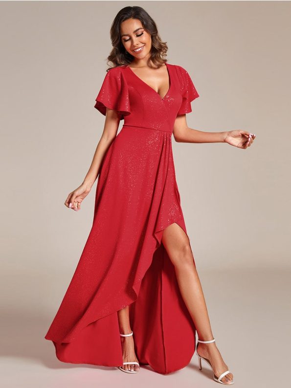 Glitter High-Low Front Side Slit Ruffled V-Neck Evening Dress - Red