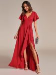 Glitter High-Low Front Side Slit Ruffled V-Neck Evening Dress – Red