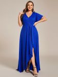 Glitter High-Low Front Side Slit Ruffled V-Neck Evening Dress – Sapphire Blue