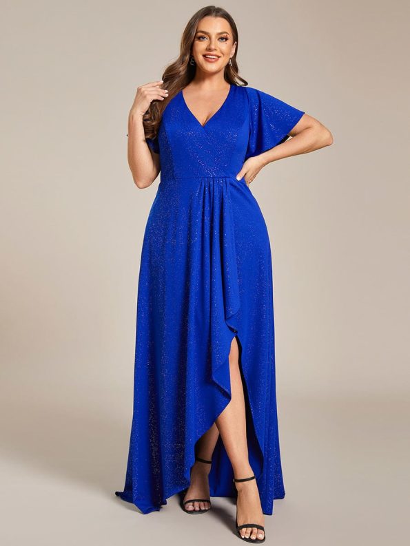 Glitter High-Low Front Side Slit Ruffled V-Neck Evening Dress - Sapphire Blue