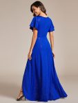 Glitter High-Low Front Side Slit Ruffled V-Neck Evening Dress – Sapphire Blue