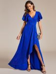 Glitter High-Low Front Side Slit Ruffled V-Neck Evening Dress – Sapphire Blue