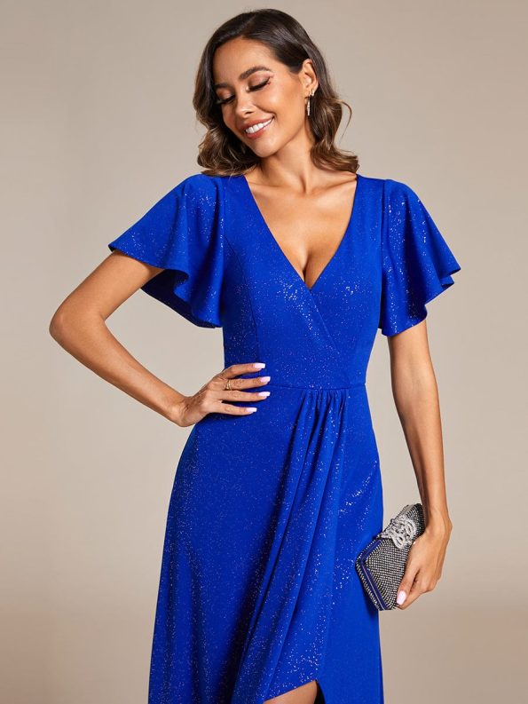 Glitter High-Low Front Side Slit Ruffled V-Neck Evening Dress - Sapphire Blue