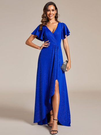 Glitter High-Low Front Side Slit Ruffled V-Neck Evening Dress - Sapphire Blue