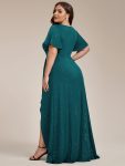 Glitter High-Low Front Side Slit Ruffled V-Neck Evening Dress – Teal