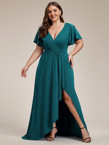 Plus Size Glitter Ruffled High-Low Front Slit Evening Dress - Teal