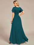 Glitter High-Low Front Side Slit Ruffled V-Neck Evening Dress – Teal