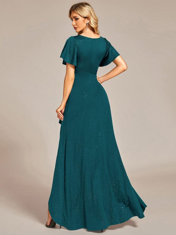 Glitter High-Low Front Side Slit Ruffled V-Neck Evening Dress - Teal