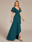 Glitter High-Low Front Side Slit Ruffled V-Neck Evening Dress – Teal