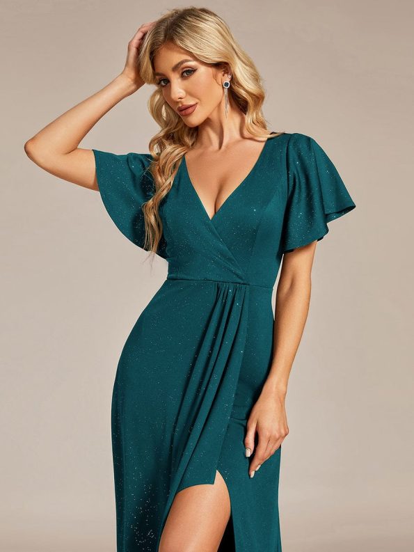 Glitter High-Low Front Side Slit Ruffled V-Neck Evening Dress - Teal