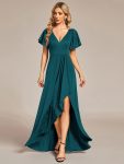 Glitter High-Low Front Side Slit Ruffled V-Neck Evening Dress – Teal