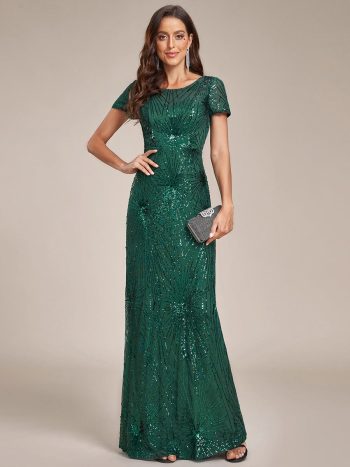 Fireworks Embroidered Sequins Backless Bodycon Evening Dress - Dark Green