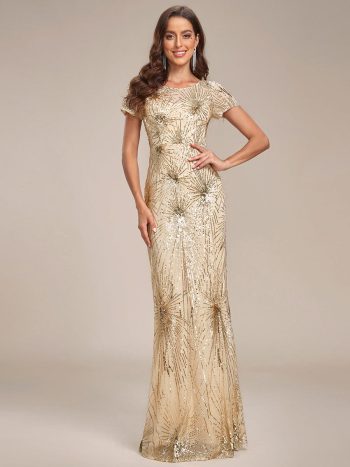 Fireworks Embroidered Sequins Backless Bodycon Evening Dress - Gold