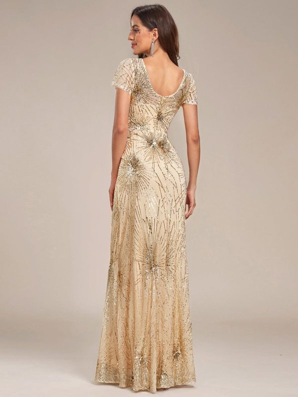 Fireworks Embroidered Sequins Backless Bodycon Evening Dress - Gold