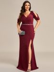 Plus Size Sparkly Glitter Cold Shoulder Shiny Belt Backless Evening Dress – Burgundy