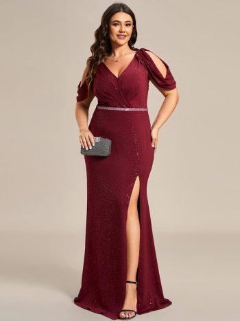 Plus Size Sparkly Glitter Cold Shoulder Shiny Belt Backless Evening Dress - Burgundy