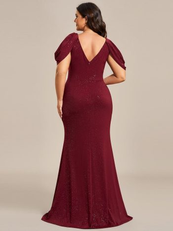 Plus Size Sparkly Glitter Cold Shoulder Shiny Belt Backless Evening Dress - Burgundy