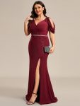 Plus Size Sparkly Glitter Cold Shoulder Shiny Belt Backless Evening Dress – Burgundy