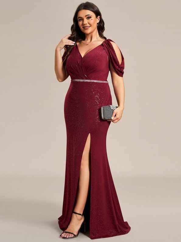 Plus Size Sparkly Glitter Cold Shoulder Shiny Belt Backless Evening Dress - Burgundy