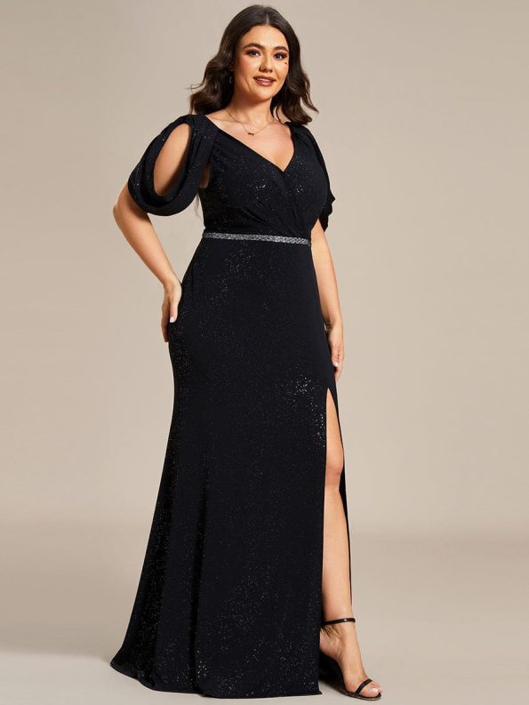 Plus Size Sparkly Glitter Cold Shoulder Shiny Belt Backless Evening Dress - Black