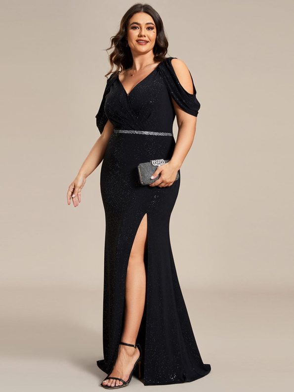 Plus Size Sparkly Glitter Cold Shoulder Shiny Belt Backless Evening Dress - Black