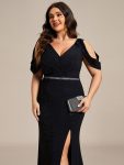 Plus Size Sparkly Glitter Cold Shoulder Shiny Belt Backless Evening Dress – Black