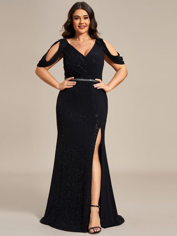 Plus Size Sparkly Glitter Cold Shoulder Shiny Belt Backless Evening Dress - Black