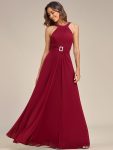 Halter Neck Pleated Chiffon Waist Buckle Decoration Maxi Evening Dress – Burgundy