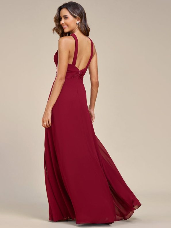 Halter Neck Pleated Chiffon Waist Buckle Decoration Maxi Evening Dress - Burgundy