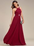 Halter Neck Pleated Chiffon Waist Buckle Decoration Maxi Evening Dress – Burgundy