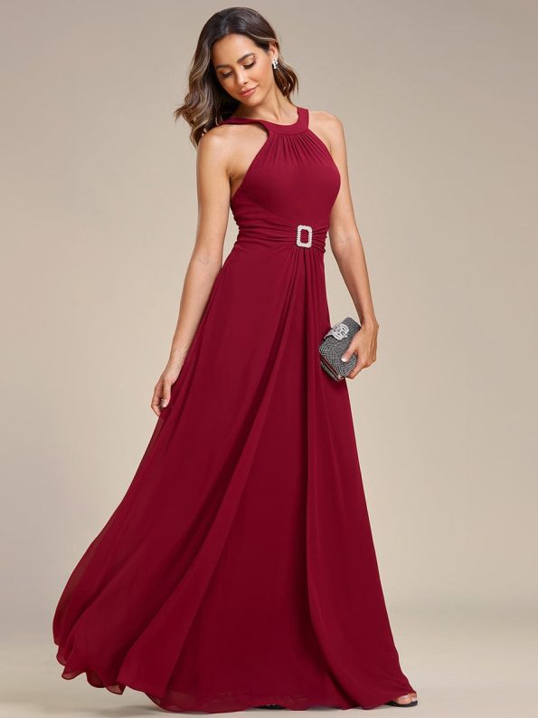 Halter Neck Pleated Chiffon Waist Buckle Decoration Maxi Evening Dress - Burgundy