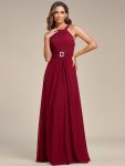 Halter Neck Pleated Chiffon Waist Buckle Decoration Maxi Evening Dress – Burgundy