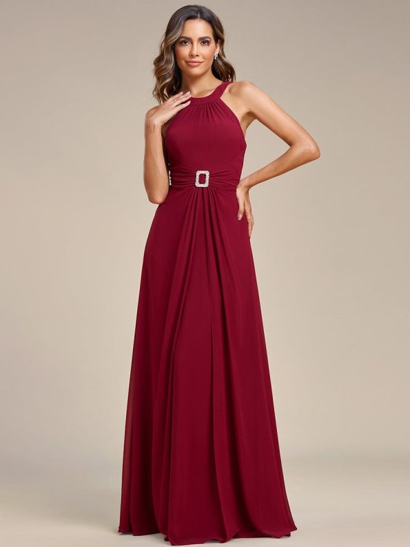 Halter Neck Pleated Chiffon Waist Buckle Decoration Maxi Evening Dress - Burgundy