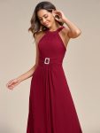 Halter Neck Pleated Chiffon Waist Buckle Decoration Maxi Evening Dress – Burgundy