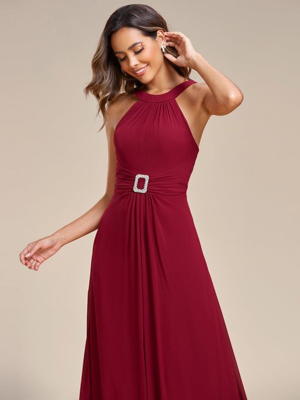 Halter Neck Pleated Chiffon Waist Buckle Decoration Maxi Evening Dress - Burgundy