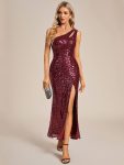 One Shoulder High Slit Bodycon Ankle Length Sequin Evening Dress – Burgundy