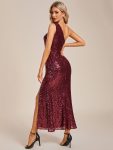 One Shoulder High Slit Bodycon Ankle Length Sequin Evening Dress – Burgundy